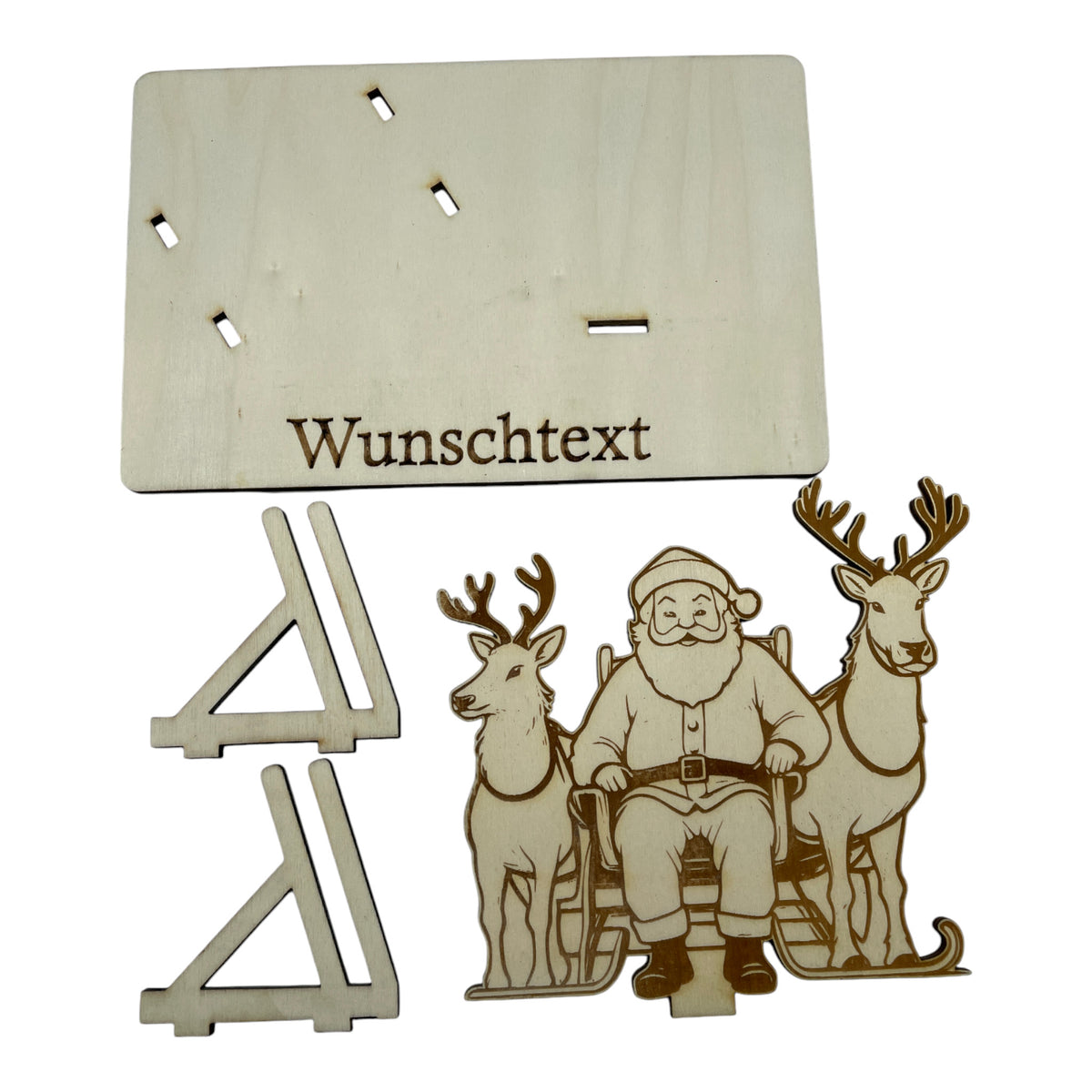 Gutscheinverpackung Weihnachten aus Holz mit Weihnachtsmann und zwei Rentieren und Wunschtext, Ansicht 4