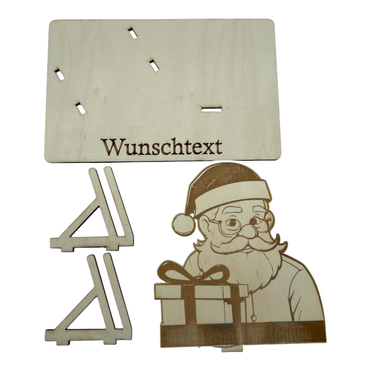 Gutscheinverpackung Weihnachten aus Holz mit Weihnachtsmann und Geschenkbox und Wunschtext, Ansicht 3