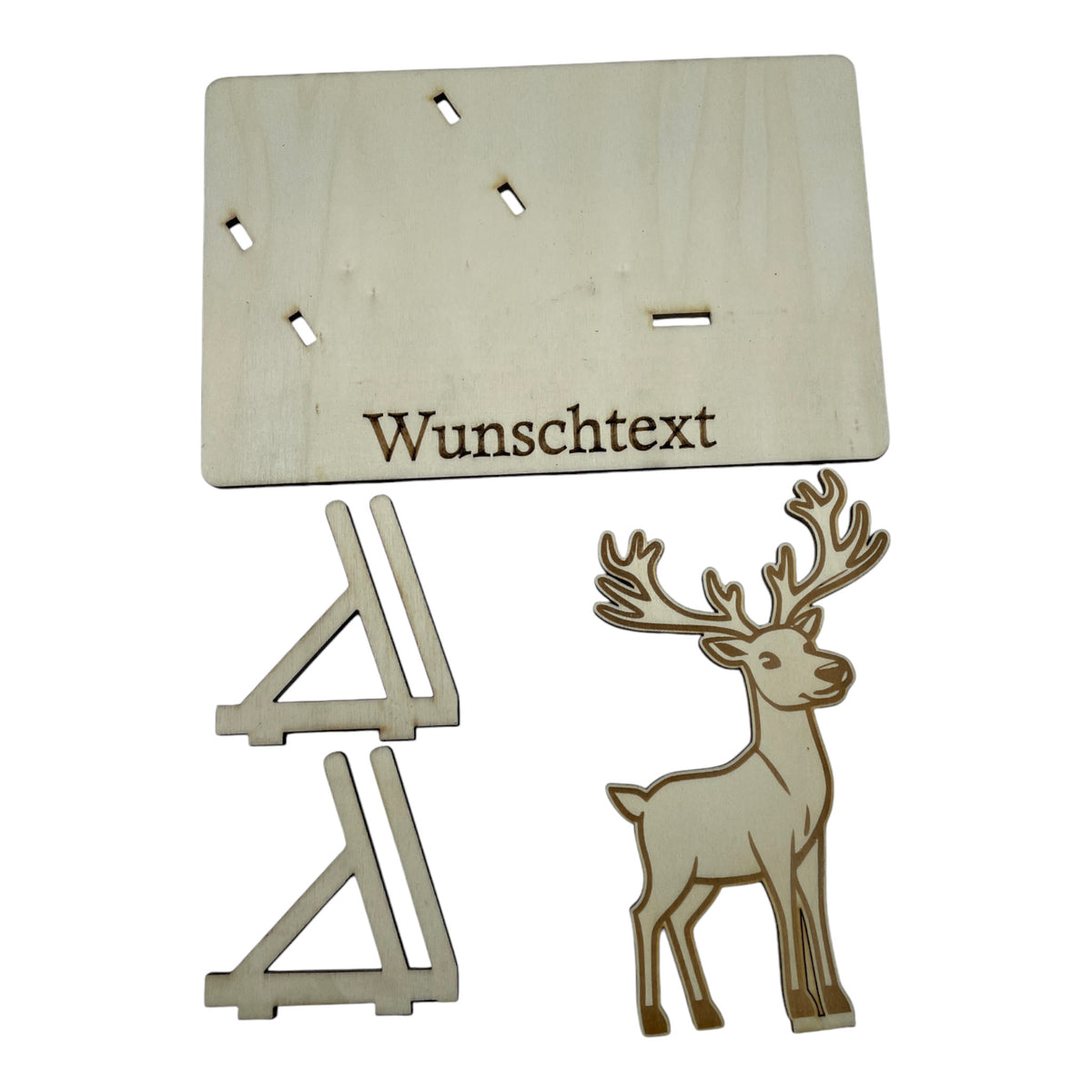 Gutscheinverpackung Weihnachten aus Holz mit springendem Rentier und Wunschtext, Ansicht 3