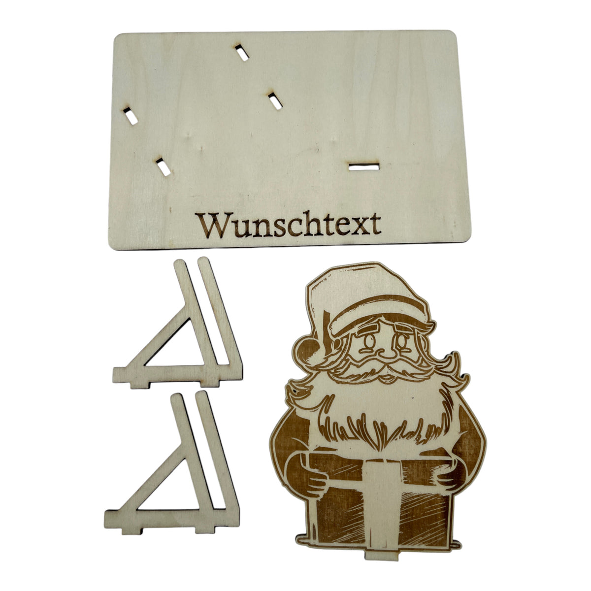 Gutscheinverpackung Weihnachten aus Holz mit lachendem Weihnachtsmann und Wunschtext, Ansicht 3