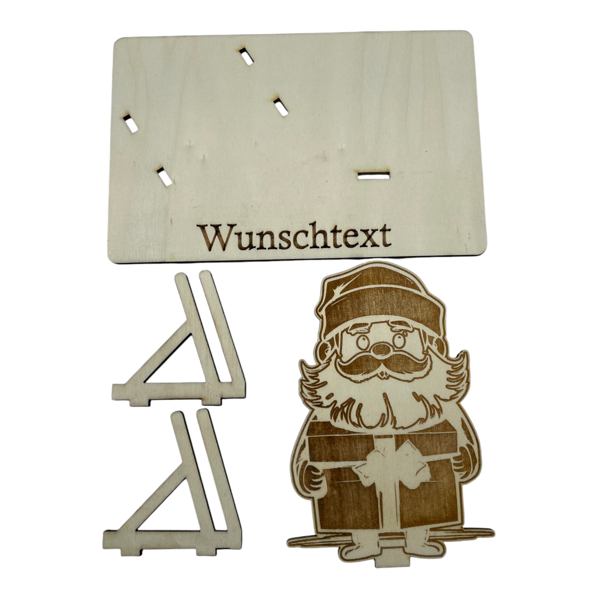Gutscheinverpackung Weihnachten aus Holz mit Weihnachtsmann und Geschenkpaket und Wunschtext, Ansicht 7