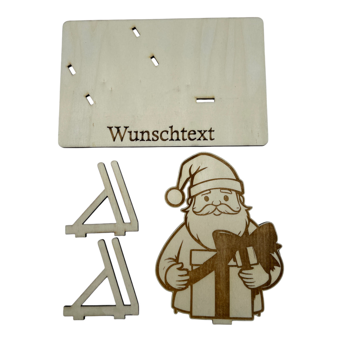 Gutscheinverpackung Weihnachten aus Holz mit Weihnachtsmann und offenem Geschenk und Wunschtext, Ansicht 3