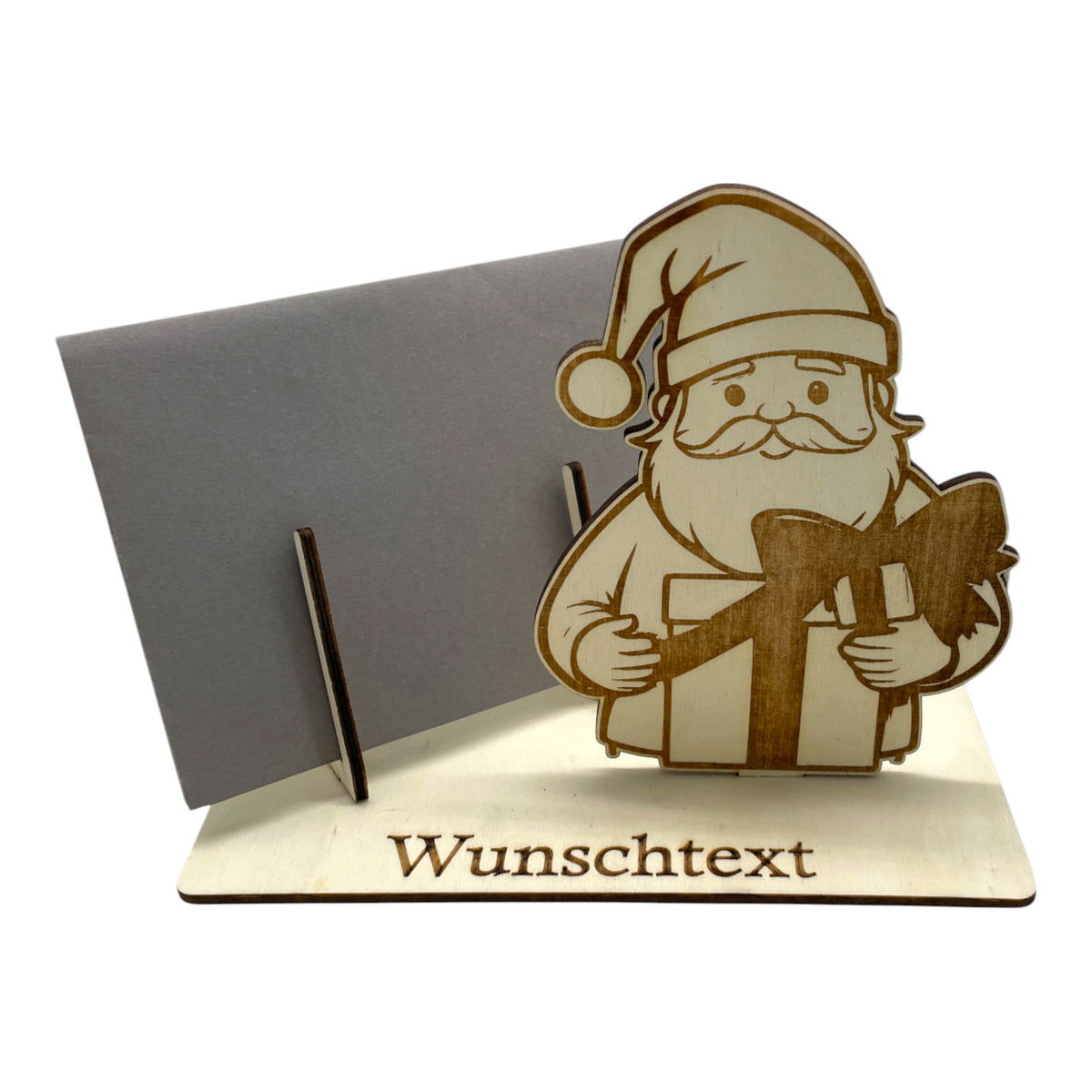 Gutscheinverpackung Weihnachten aus Holz mit Weihnachtsmann und offenem Geschenk und Wunschtext, Ansicht 2