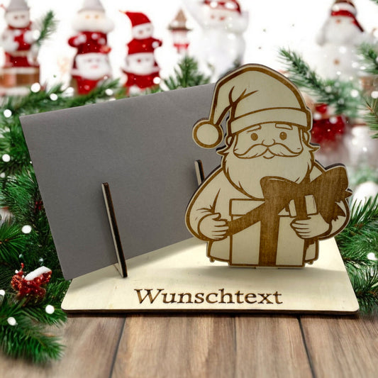 Gutscheinverpackung Weihnachten aus Holz mit Weihnachtsmann und offenem Geschenk und Wunschtext