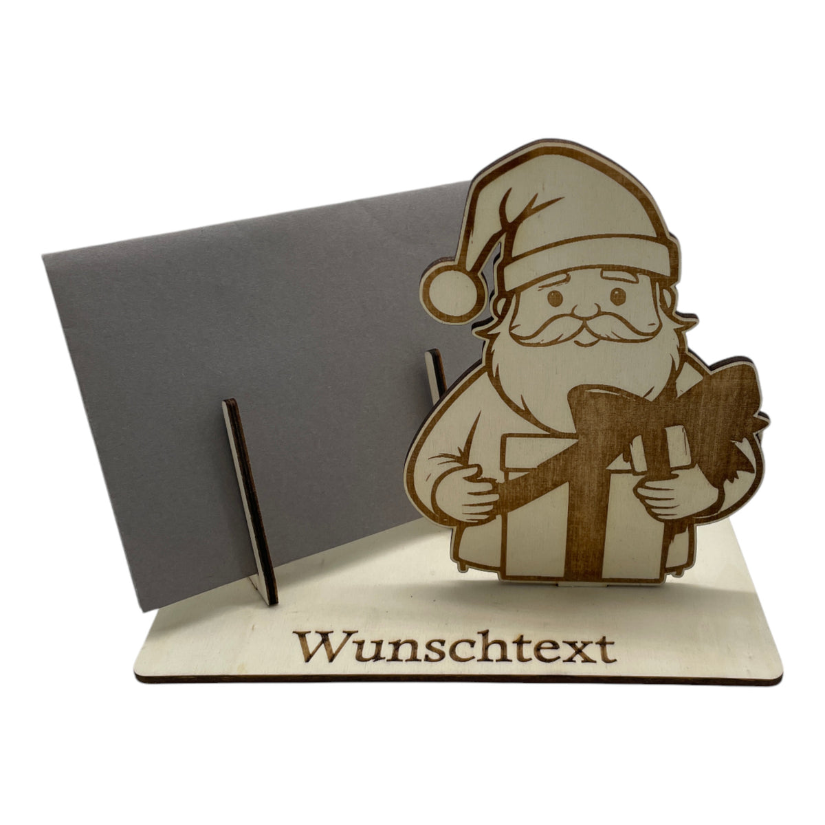 Gutscheinverpackung Weihnachten aus Holz mit Weihnachtsmann und offenem Geschenk und Wunschtext, Ansicht 4
