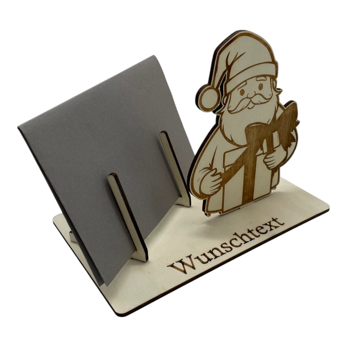 Gutscheinverpackung Weihnachten aus Holz mit Weihnachtsmann und offenem Geschenk und Wunschtext, Ansicht 5