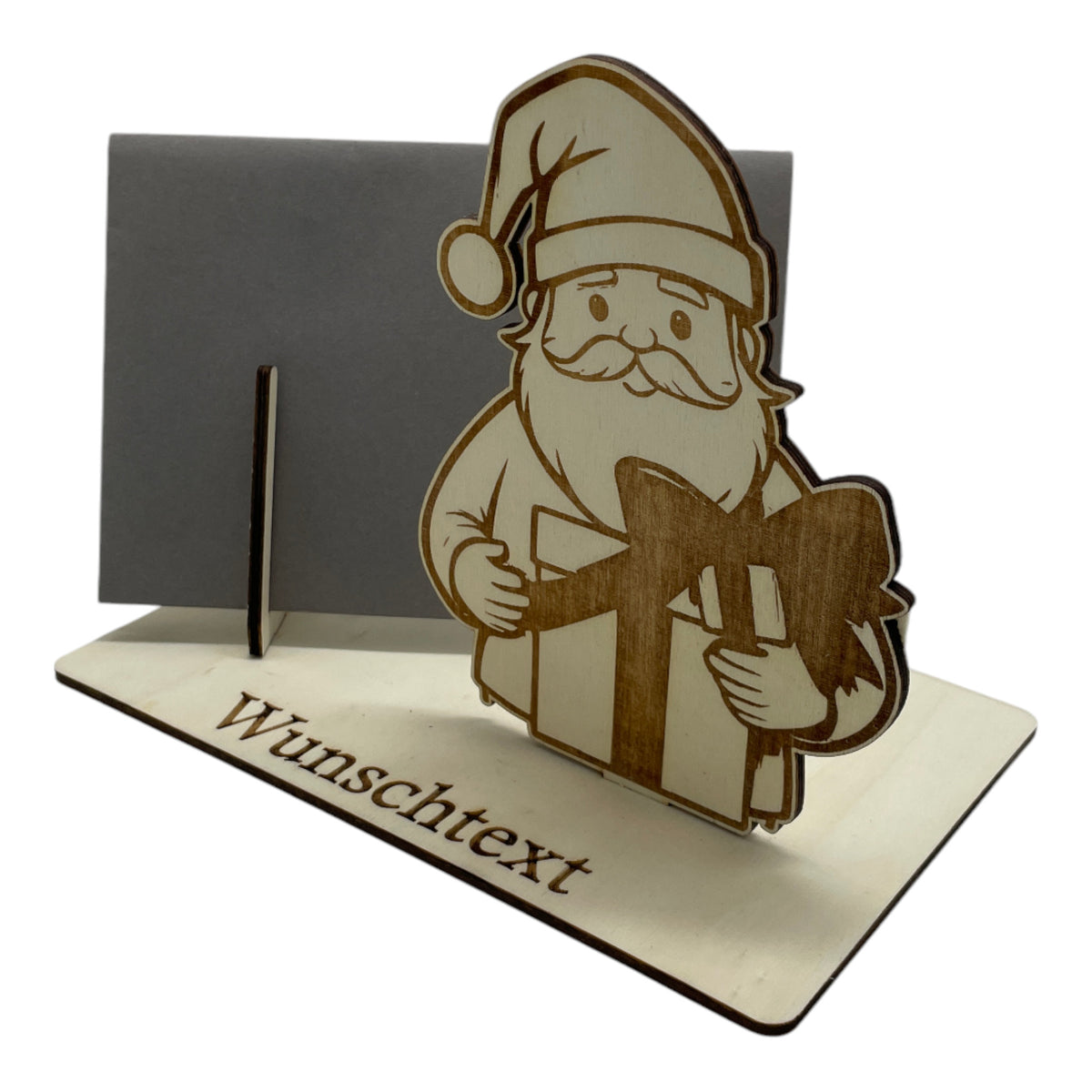 Gutscheinverpackung Weihnachten aus Holz mit Weihnachtsmann und offenem Geschenk und Wunschtext, Ansicht 6