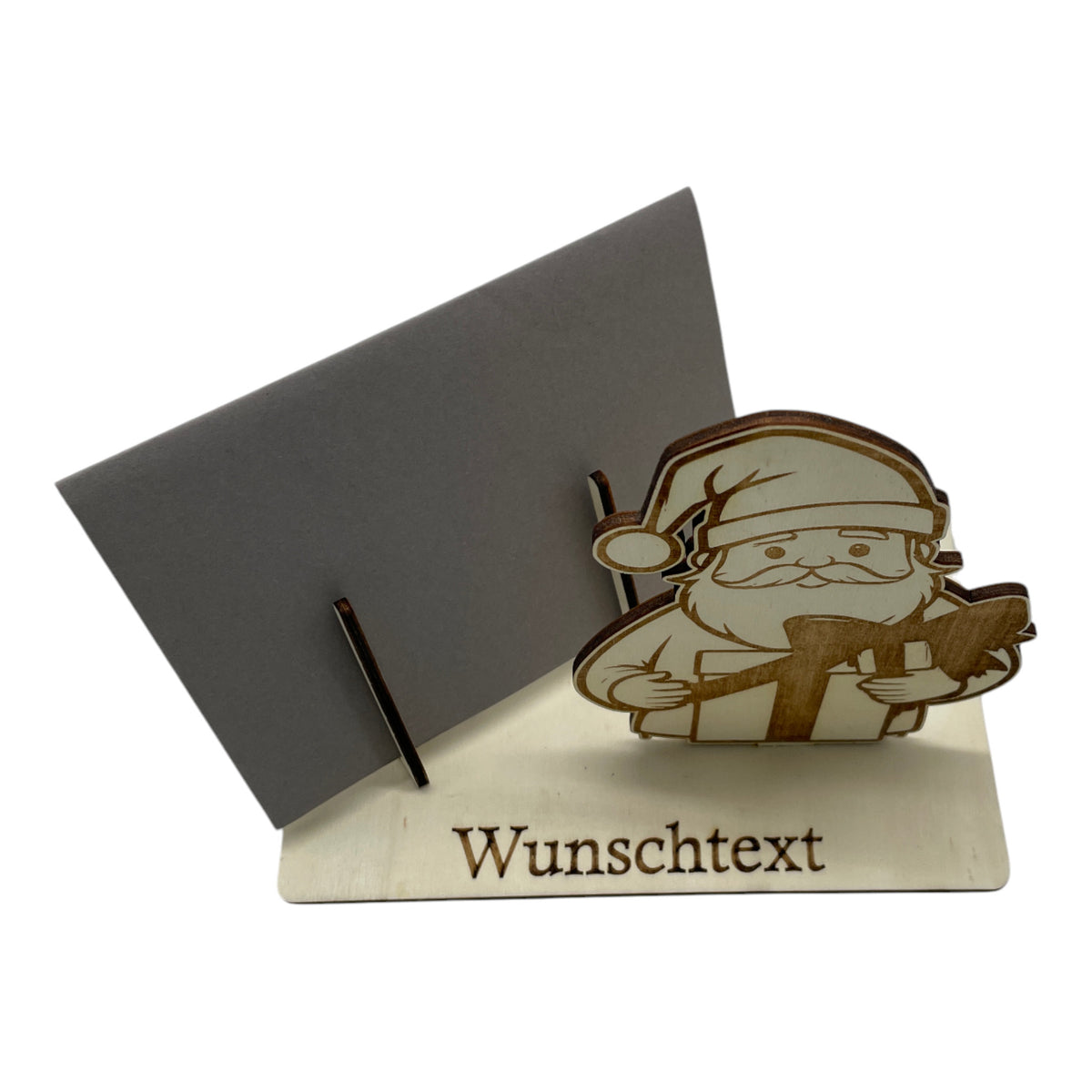 Gutscheinverpackung Weihnachten aus Holz mit Weihnachtsmann und offenem Geschenk und Wunschtext, Ansicht 7