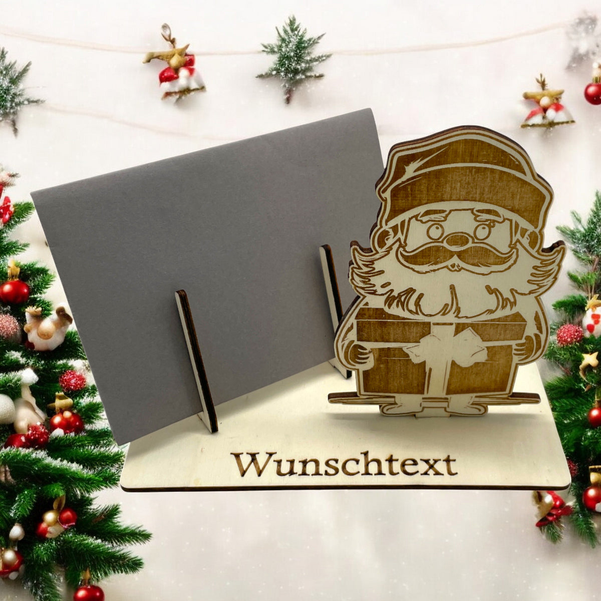 Gutscheinverpackung Weihnachten aus Holz mit Weihnachtsmann und Geschenkpaket und Wunschtext