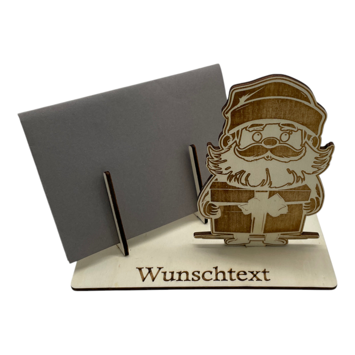 Gutscheinverpackung Weihnachten aus Holz mit Weihnachtsmann und Geschenkpaket und Wunschtext, Ansicht 3
