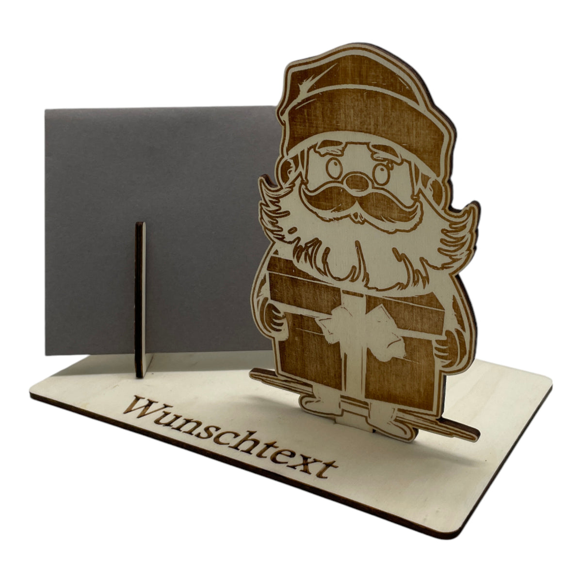 Gutscheinverpackung Weihnachten aus Holz mit Weihnachtsmann und Geschenkpaket und Wunschtext, Ansicht 5