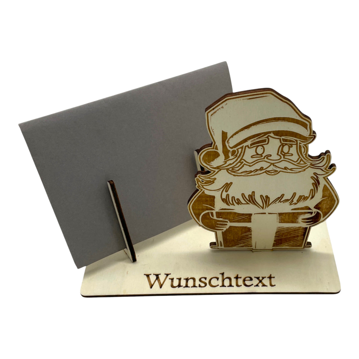 Gutscheinverpackung Weihnachten aus Holz mit lachendem Weihnachtsmann und Wunschtext, Ansicht 2