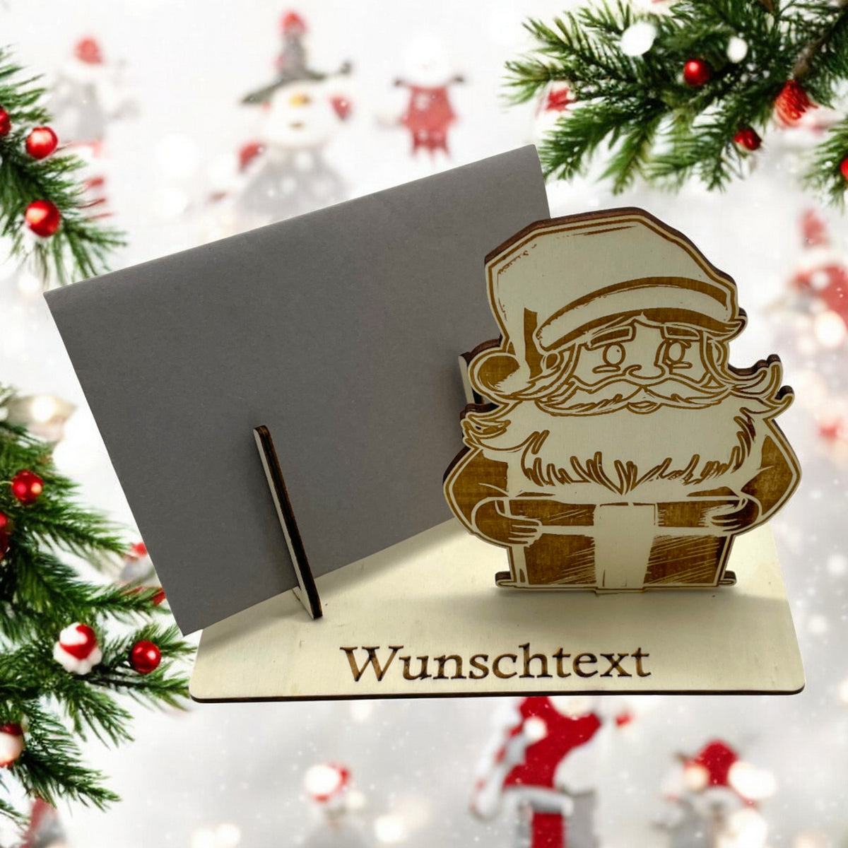 Gutscheinverpackung Weihnachten aus Holz mit lachendem Weihnachtsmann und Wunschtext