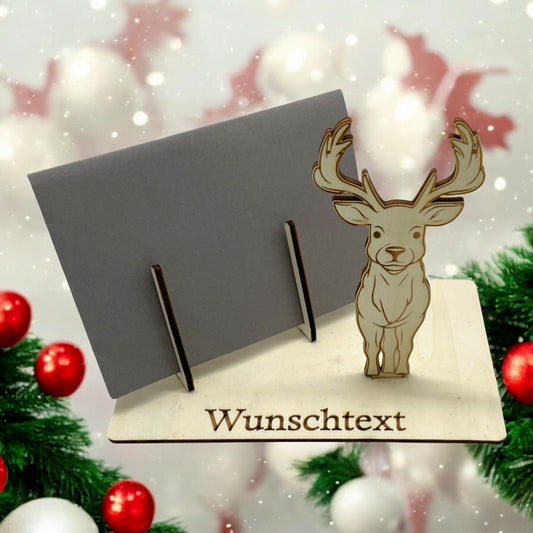 Gutscheinverpackung Weihnachten aus Holz mit Rentier und Wunschtext