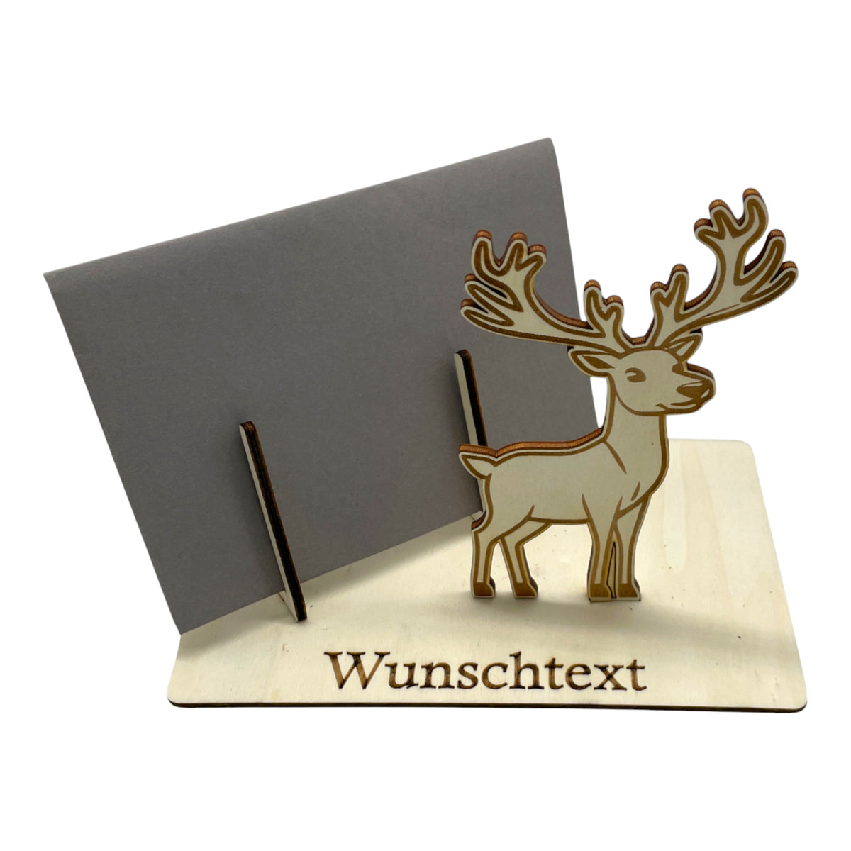 Gutscheinverpackung Weihnachten aus Holz mit springendem Rentier und Wunschtext, Ansicht 2