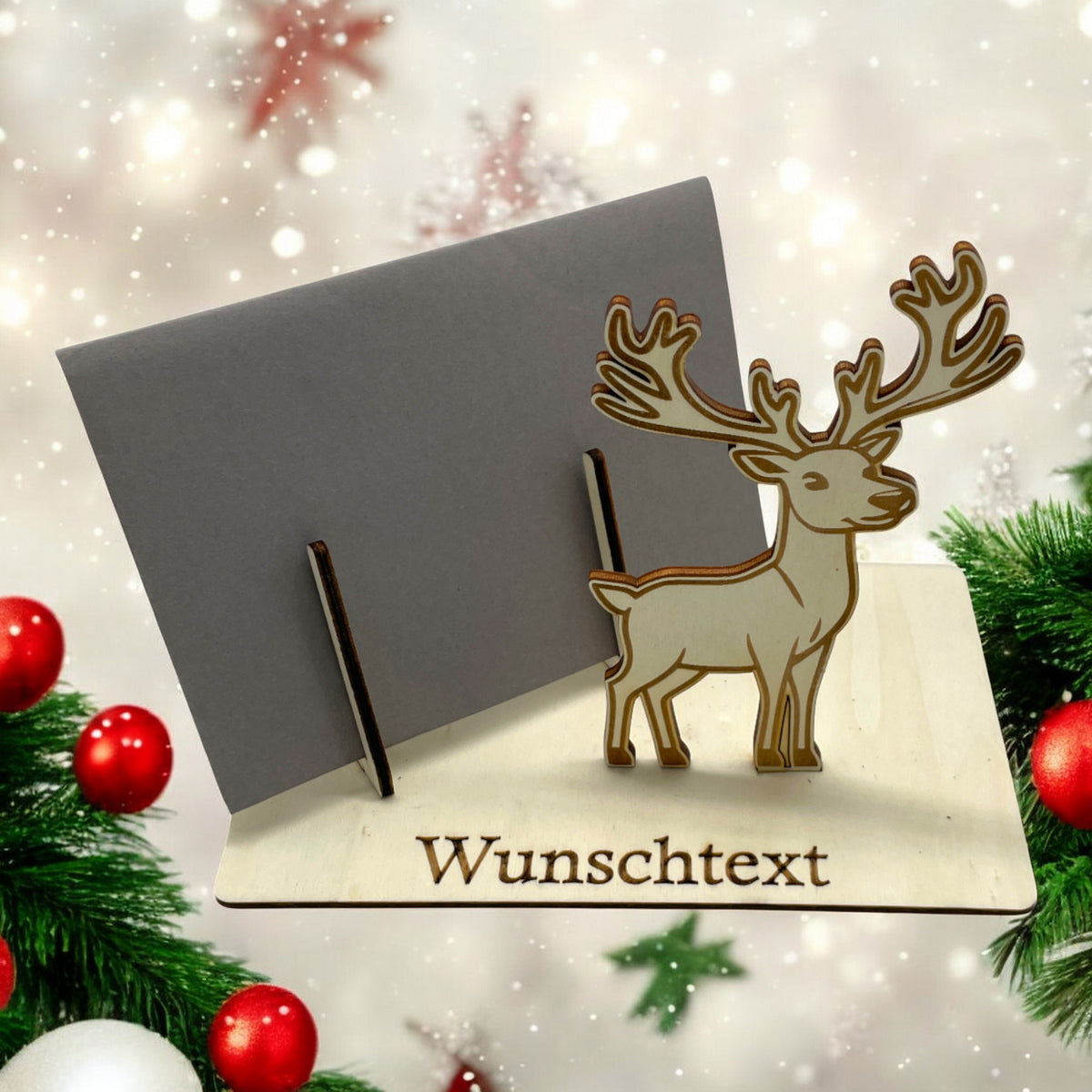 Gutscheinverpackung Weihnachten aus Holz mit springendem Rentier und Wunschtext