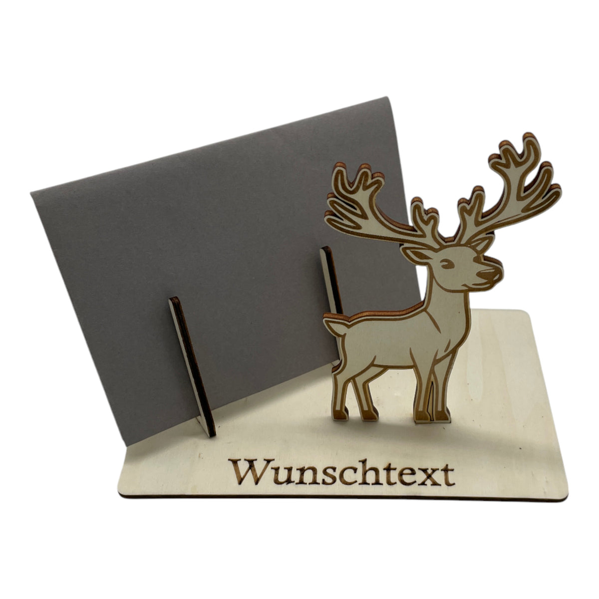 Gutscheinverpackung Weihnachten aus Holz mit springendem Rentier und Wunschtext, Ansicht 4