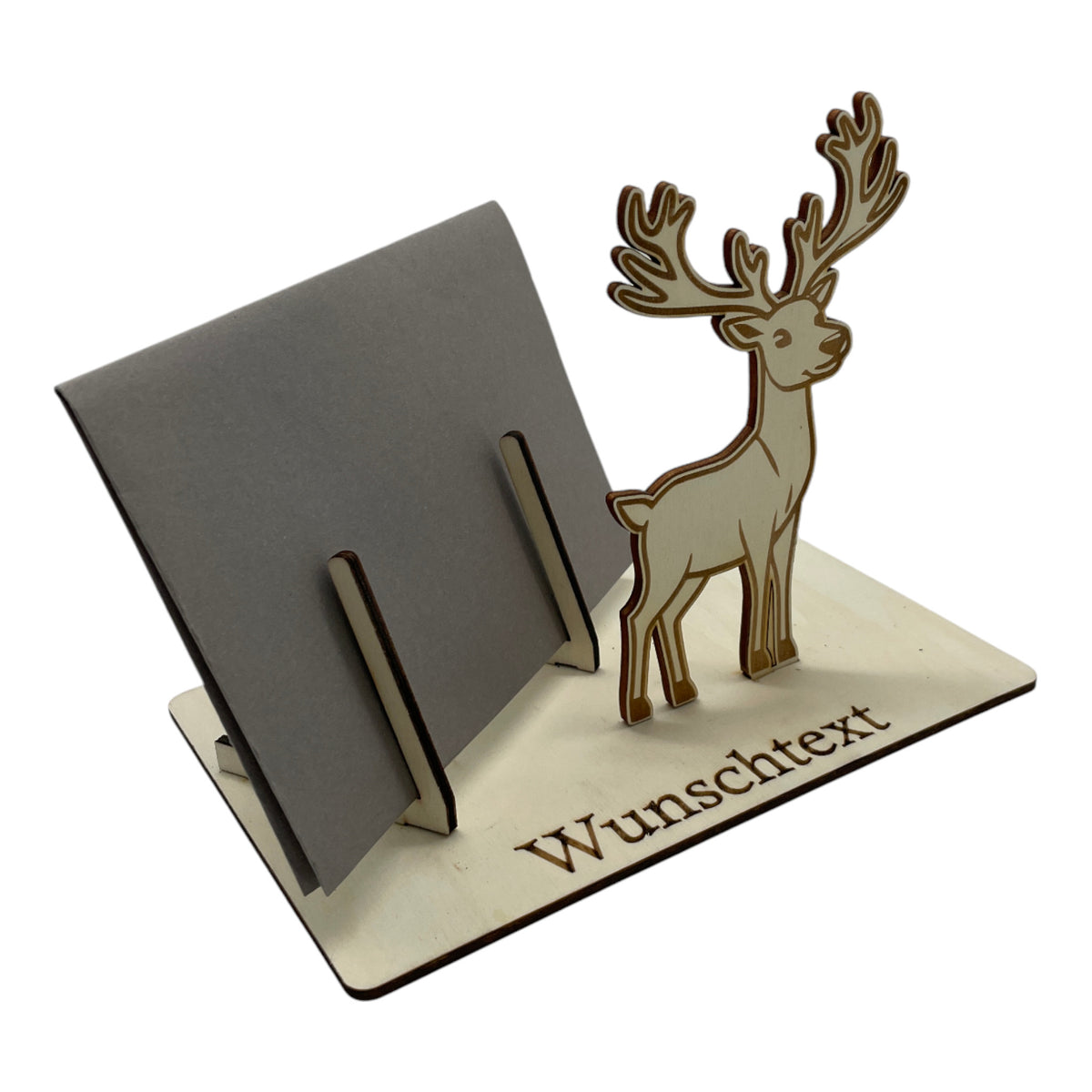 Gutscheinverpackung Weihnachten aus Holz mit springendem Rentier und Wunschtext, Ansicht 5