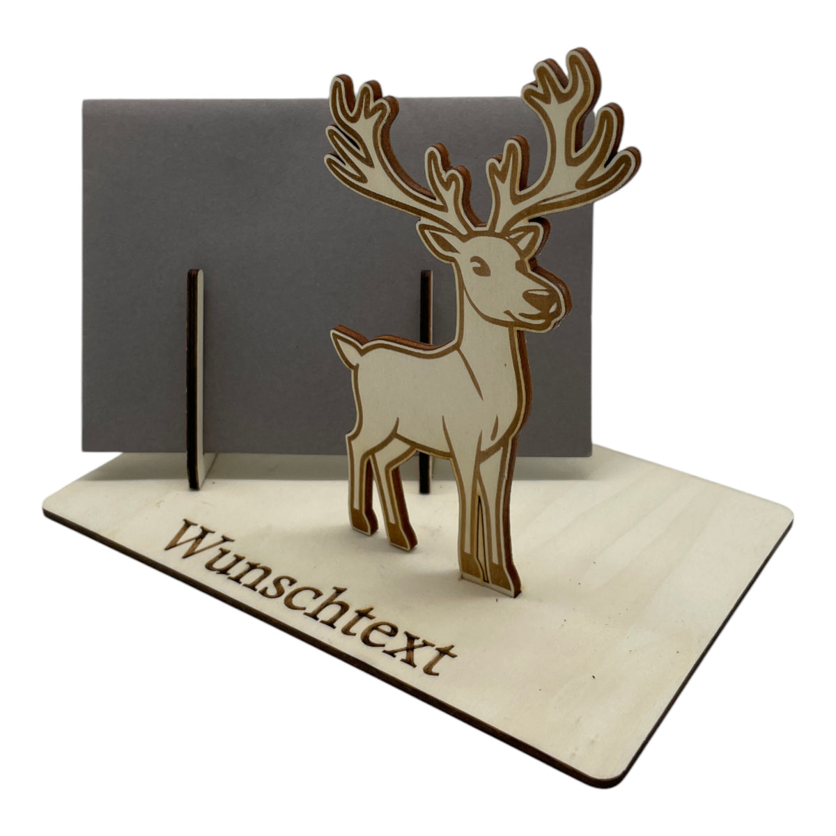 Gutscheinverpackung Weihnachten aus Holz mit springendem Rentier und Wunschtext, Ansicht 6