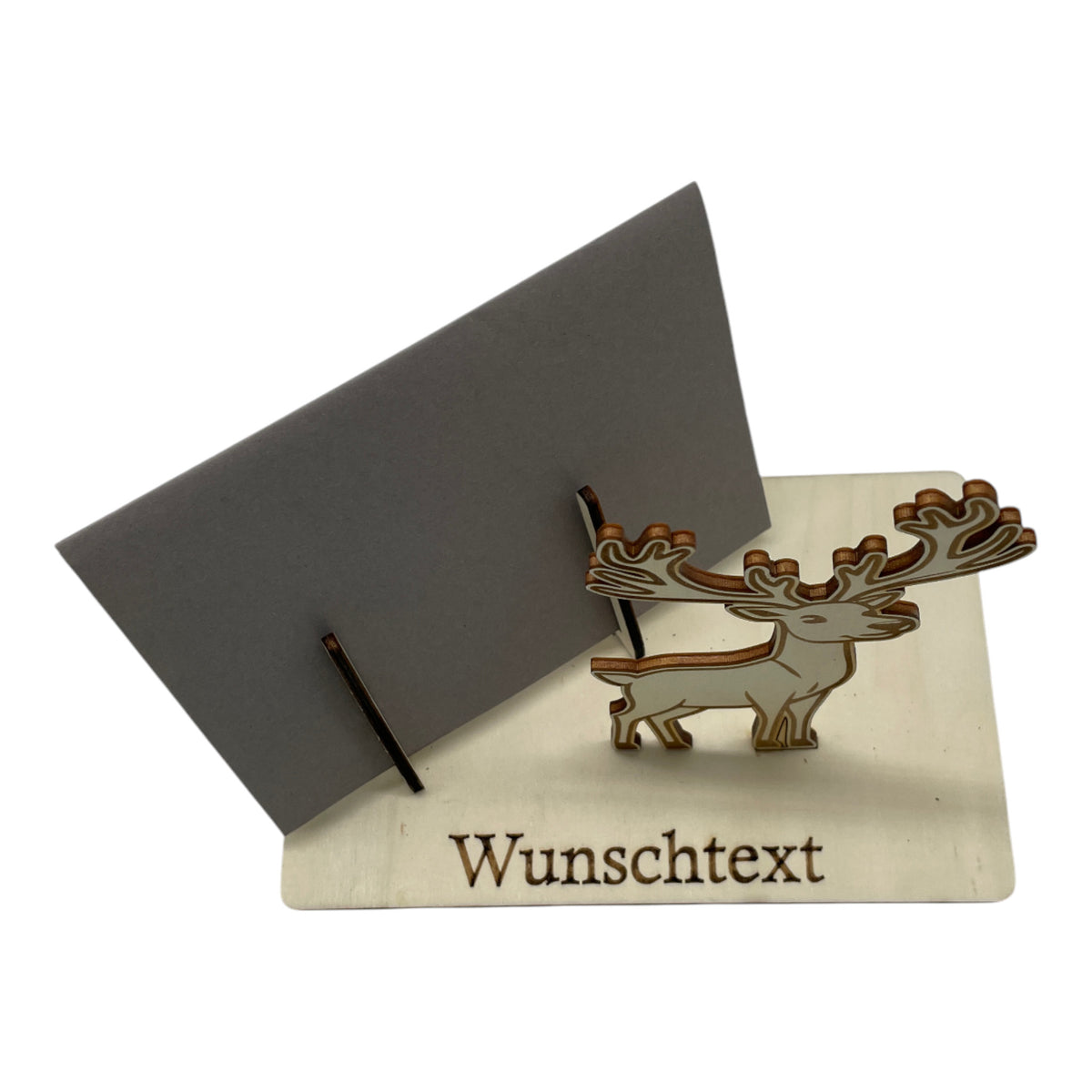 Gutscheinverpackung Weihnachten aus Holz mit springendem Rentier und Wunschtext, Ansicht 7
