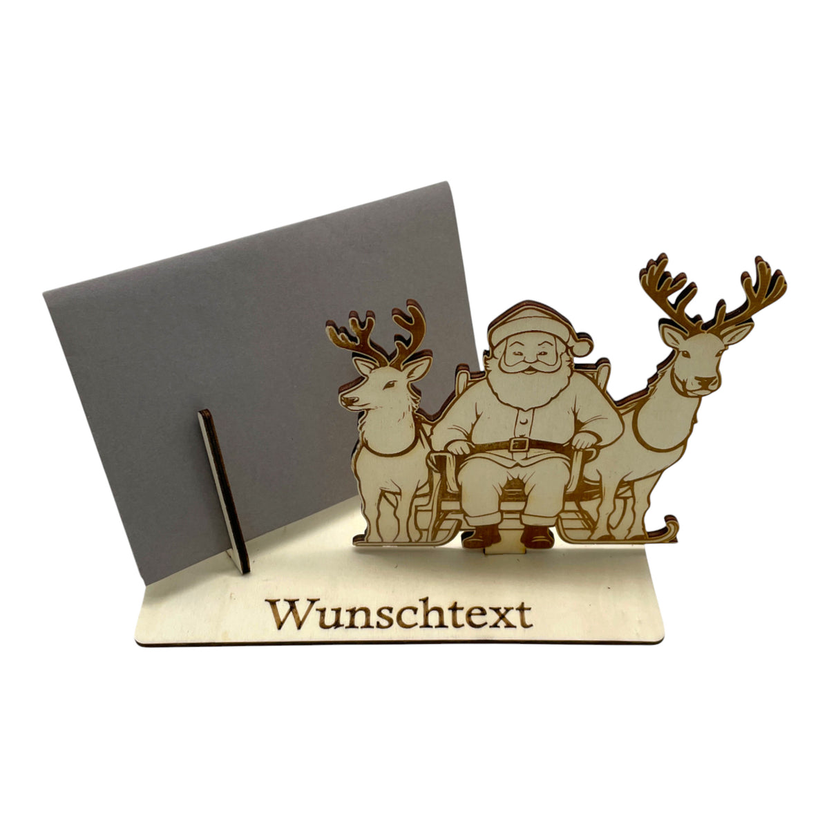 Gutscheinverpackung Weihnachten aus Holz mit Weihnachtsmann und zwei Rentieren und Wunschtext, Ansicht 2