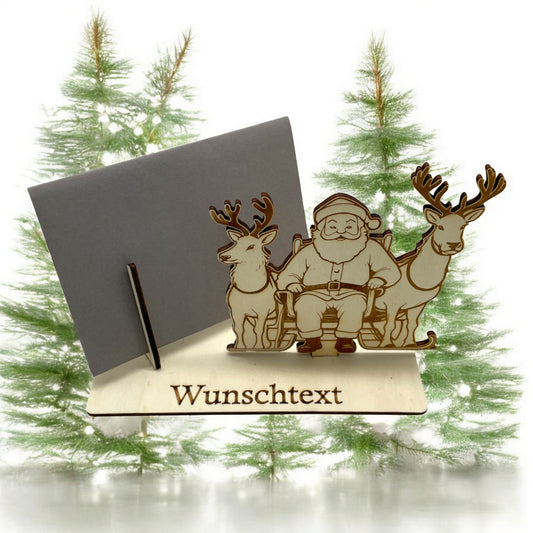 Gutscheinverpackung Weihnachten aus Holz mit Weihnachtsmann und zwei Rentieren und Wunschtext