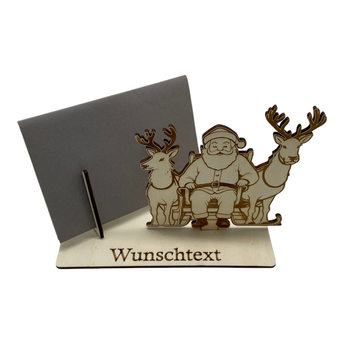 Gutscheinverpackung Weihnachten aus Holz mit Weihnachtsmann und zwei Rentieren und Wunschtext, Ansicht 3