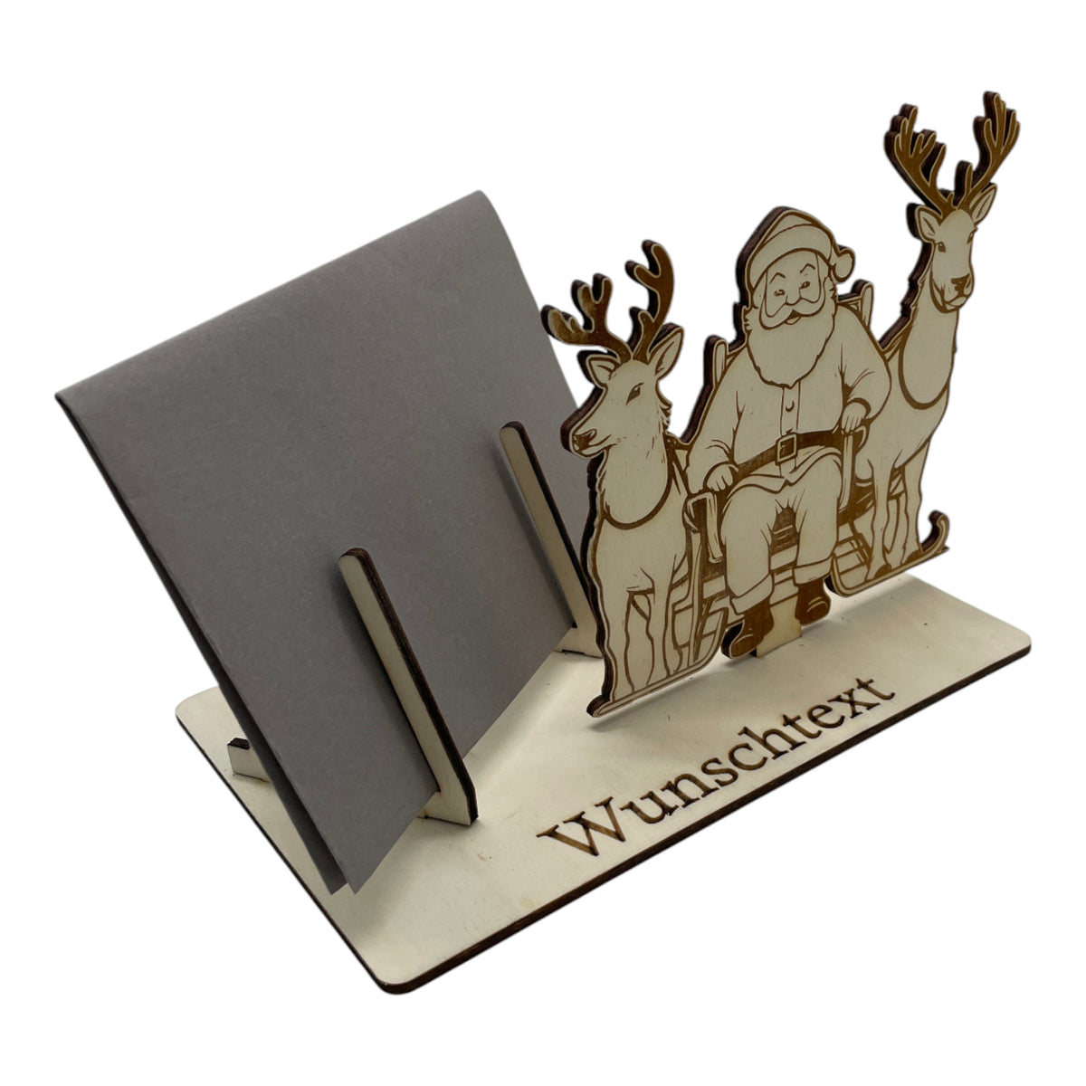 Gutscheinverpackung Weihnachten aus Holz mit Weihnachtsmann und zwei Rentieren und Wunschtext, Ansicht 5