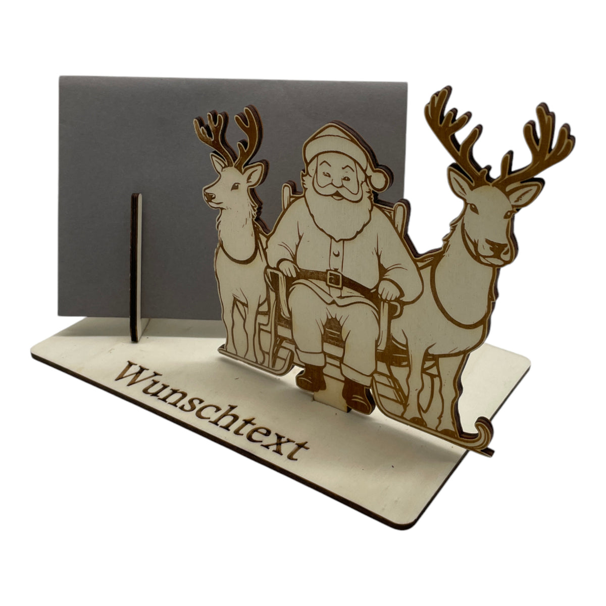 Gutscheinverpackung Weihnachten aus Holz mit Weihnachtsmann und zwei Rentieren und Wunschtext, Ansicht 6