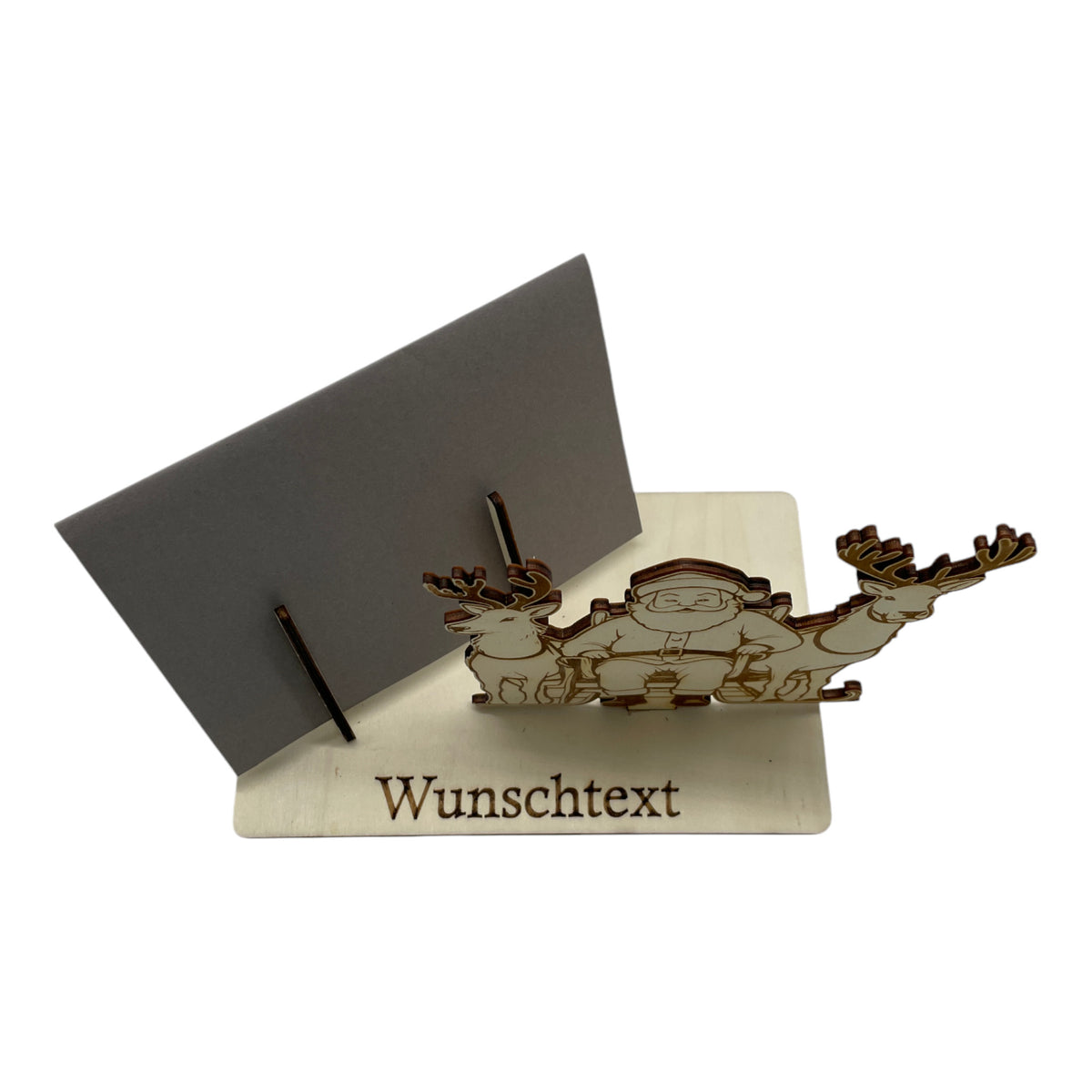Gutscheinverpackung Weihnachten aus Holz mit Weihnachtsmann und zwei Rentieren und Wunschtext, Ansicht 7