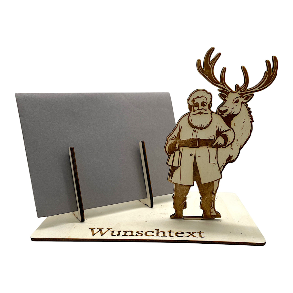 Gutscheinverpackung Weihnachten aus Holz mit Weihnachtsmann und großem Rentier und Wunschtext, Ansicht 2