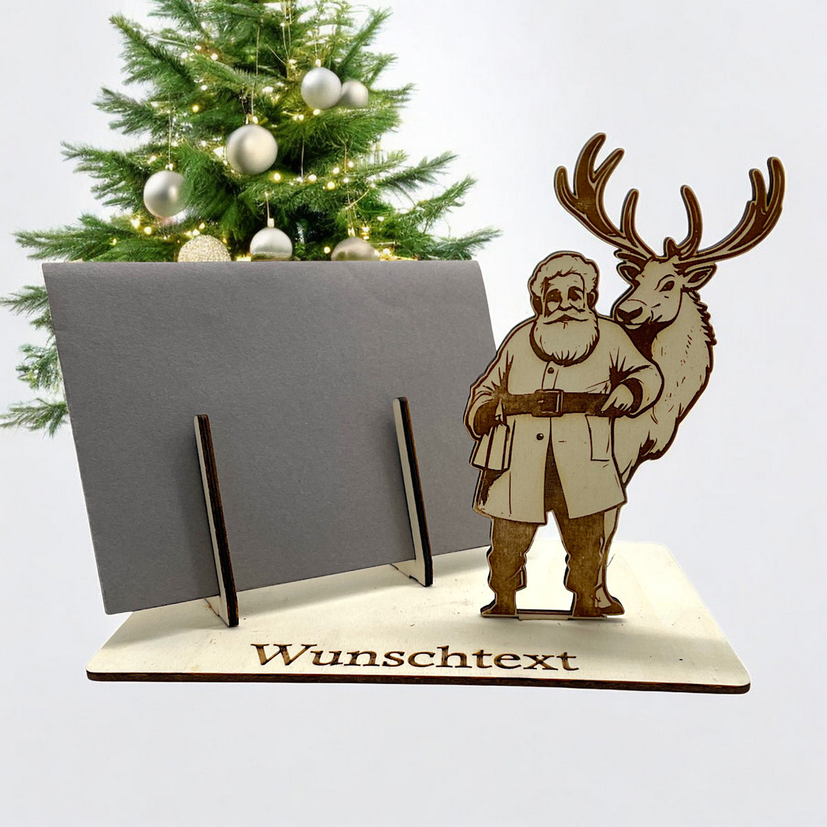 Gutscheinverpackung Weihnachten aus Holz mit Weihnachtsmann und großem Rentier und Wunschtext
