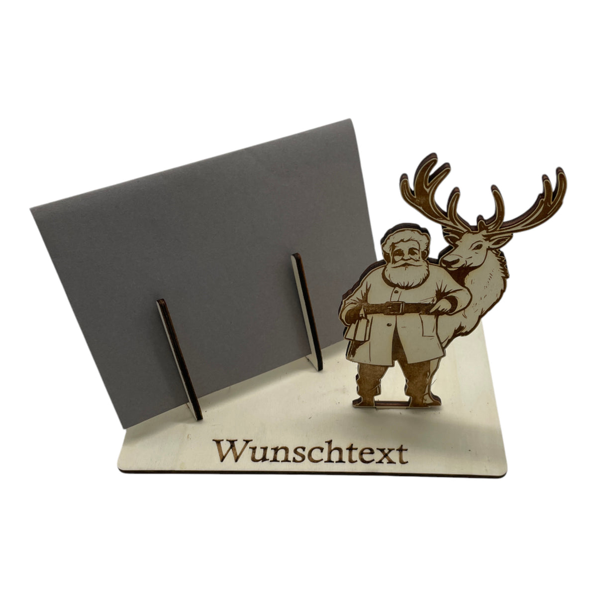Gutscheinverpackung Weihnachten aus Holz mit Weihnachtsmann und großem Rentier und Wunschtext, Ansicht 3