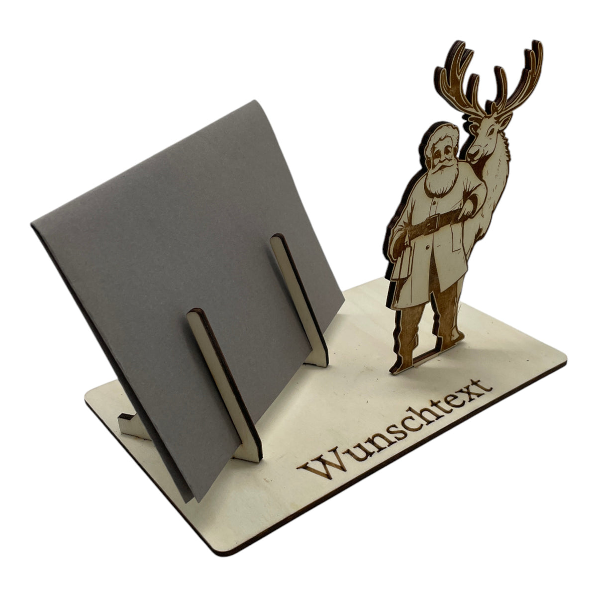 Gutscheinverpackung Weihnachten aus Holz mit Weihnachtsmann und großem Rentier und Wunschtext, Ansicht 4