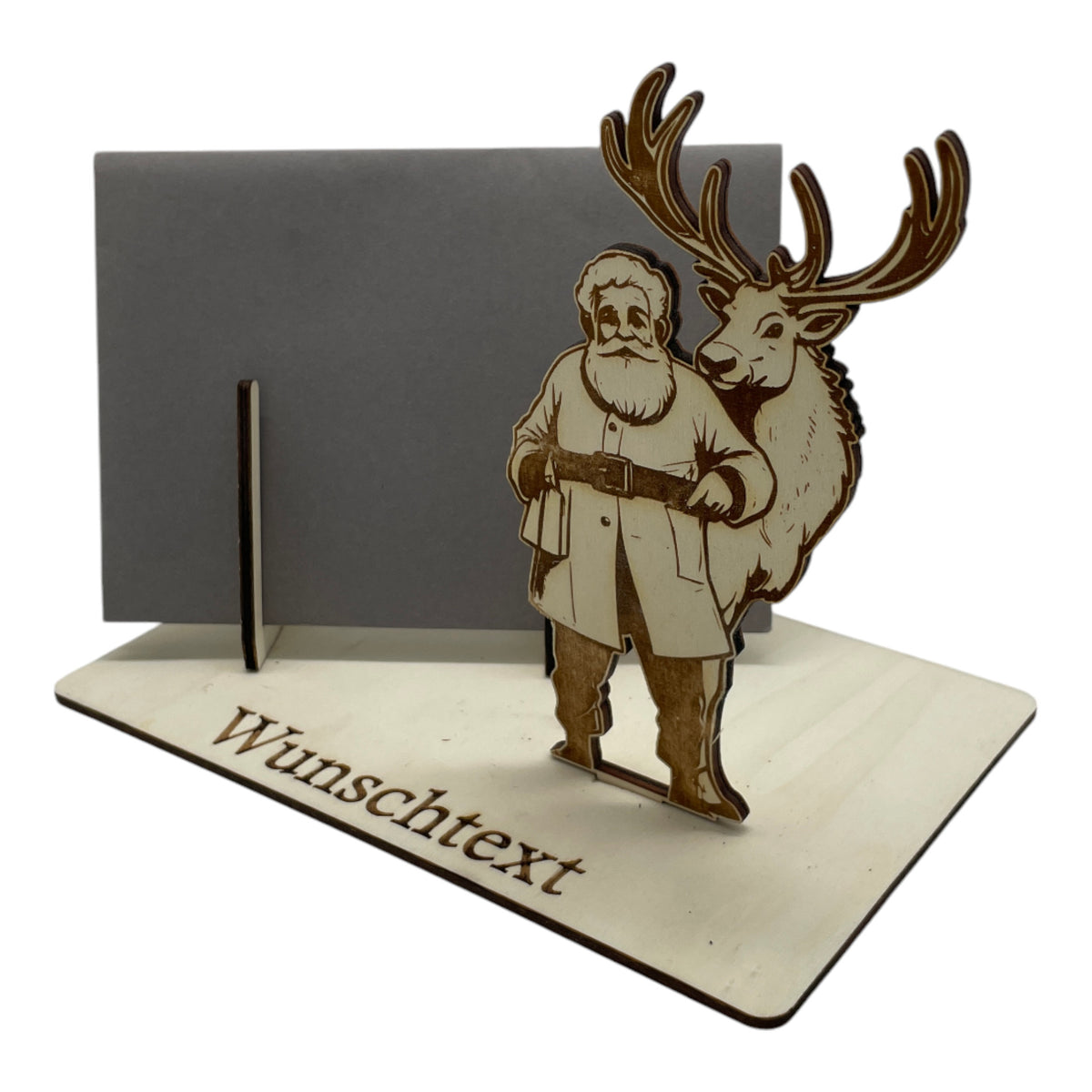 Gutscheinverpackung Weihnachten aus Holz mit Weihnachtsmann und großem Rentier und Wunschtext, Ansicht 5