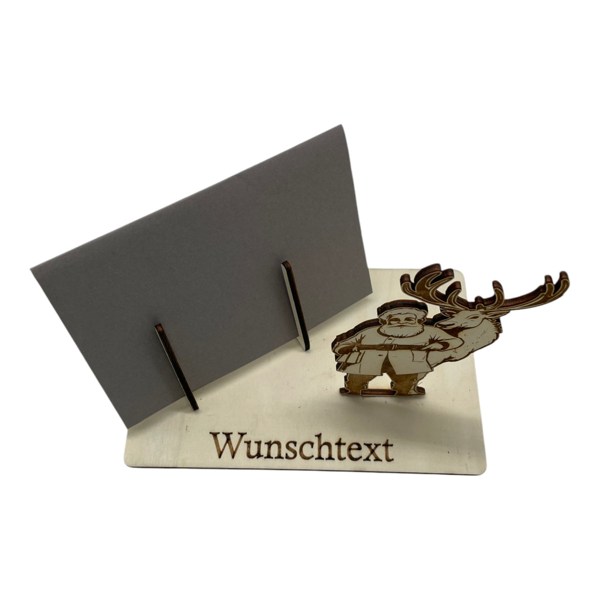 Gutscheinverpackung Weihnachten aus Holz mit Weihnachtsmann und großem Rentier und Wunschtext, Ansicht 6