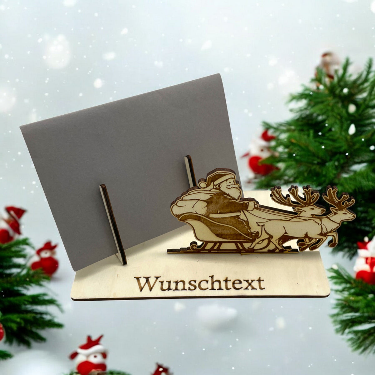 Gutscheinverpackung Weihnachten aus Holz mit Weihnachtsmann im Schlitten und Wunschtext