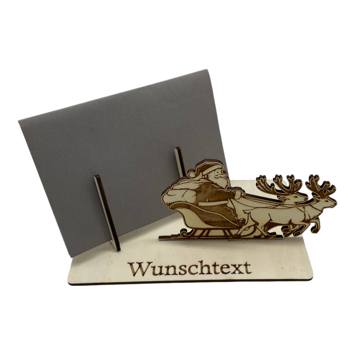 Gutscheinverpackung Weihnachten aus Holz mit Weihnachtsmann im Schlitten und Wunschtext, Ansicht 2