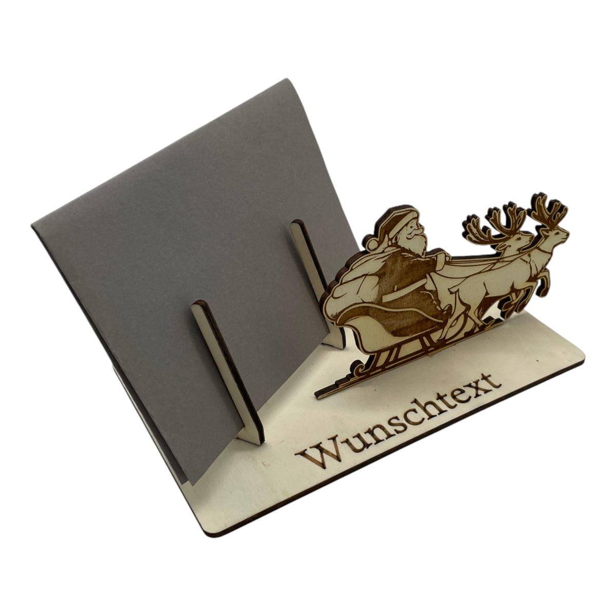 Gutscheinverpackung Weihnachten aus Holz mit Weihnachtsmann im Schlitten und Wunschtext, Ansicht 3