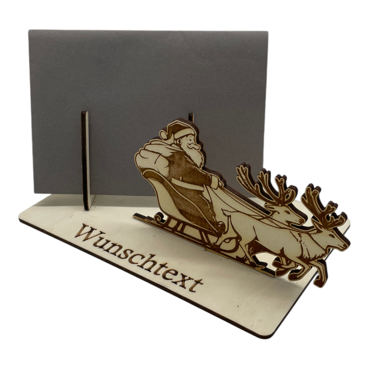 Gutscheinverpackung Weihnachten aus Holz mit Weihnachtsmann im Schlitten und Wunschtext, Ansicht 4