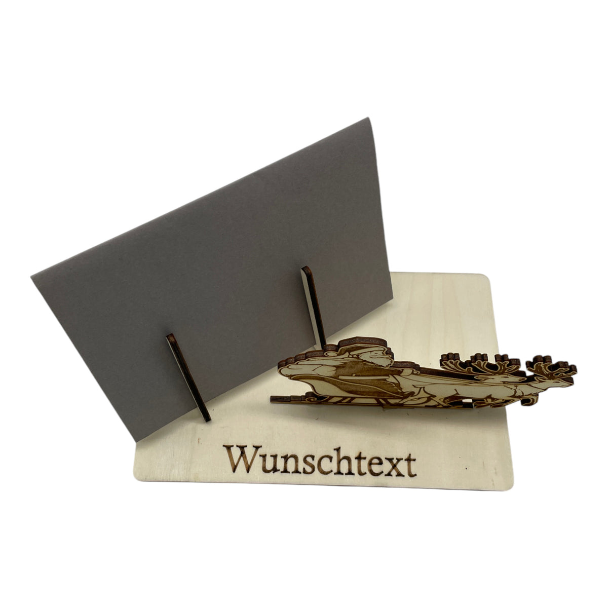 Gutscheinverpackung Weihnachten aus Holz mit Weihnachtsmann im Schlitten und Wunschtext, Ansicht 5