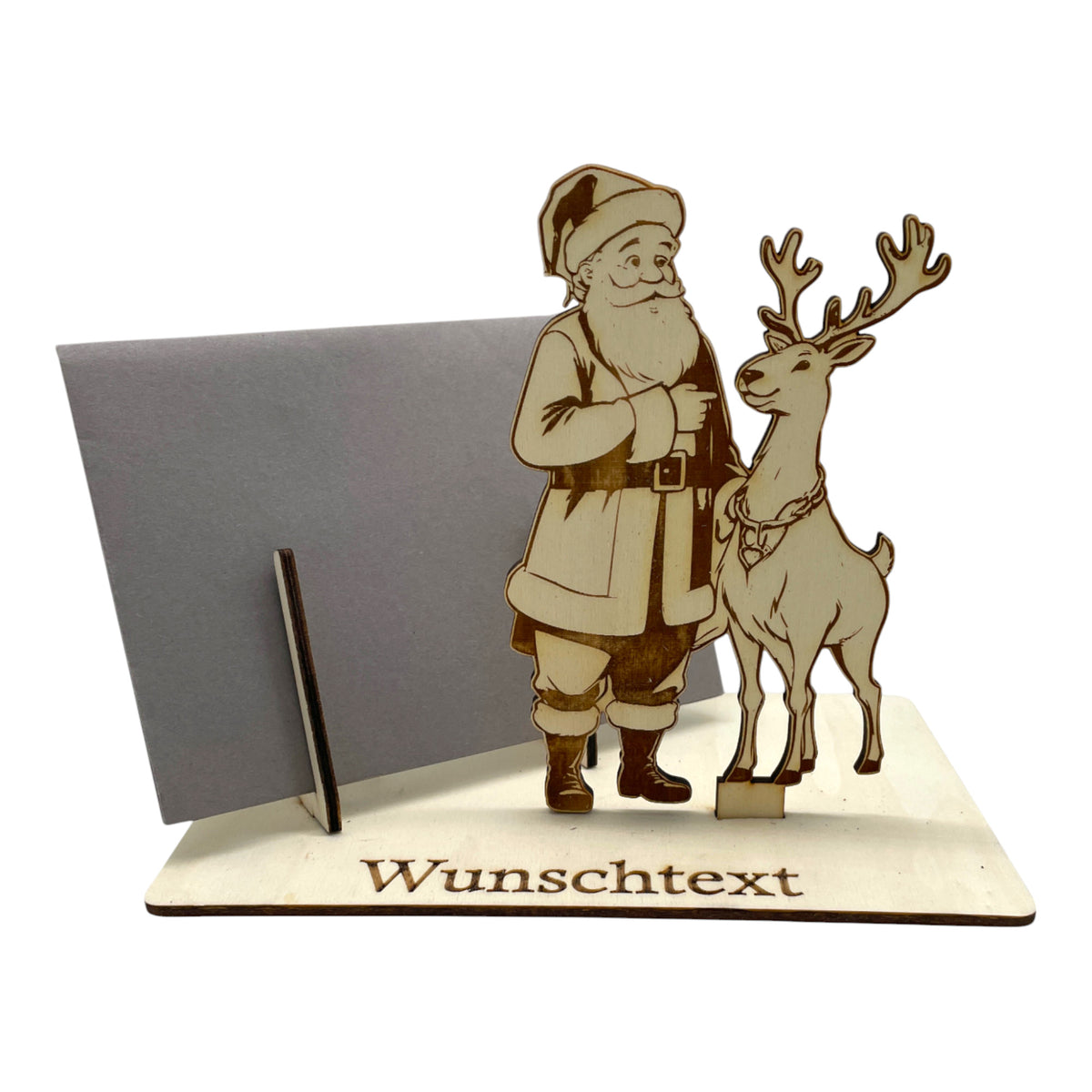 Gutscheinverpackung Weihnachten aus Holz mit Weihnachtsmann und Rentier und Wunschtext, Ansicht 2