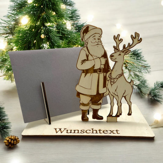 Gutscheinverpackung Weihnachten aus Holz mit Weihnachtsmann und Rentier und Wunschtext