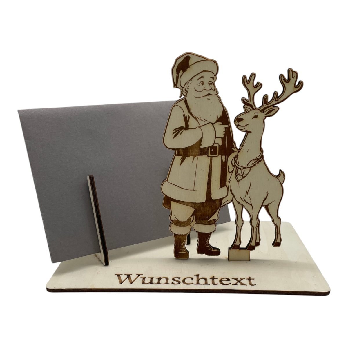 Gutscheinverpackung Weihnachten aus Holz mit Weihnachtsmann und Rentier und Wunschtext, Ansicht 8