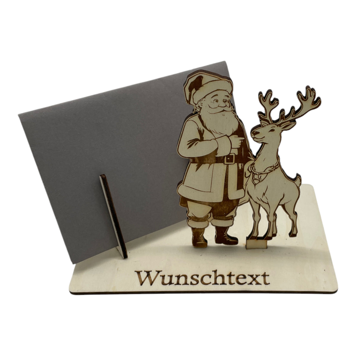 Gutscheinverpackung Weihnachten aus Holz mit Weihnachtsmann und Rentier und Wunschtext, Ansicht 4