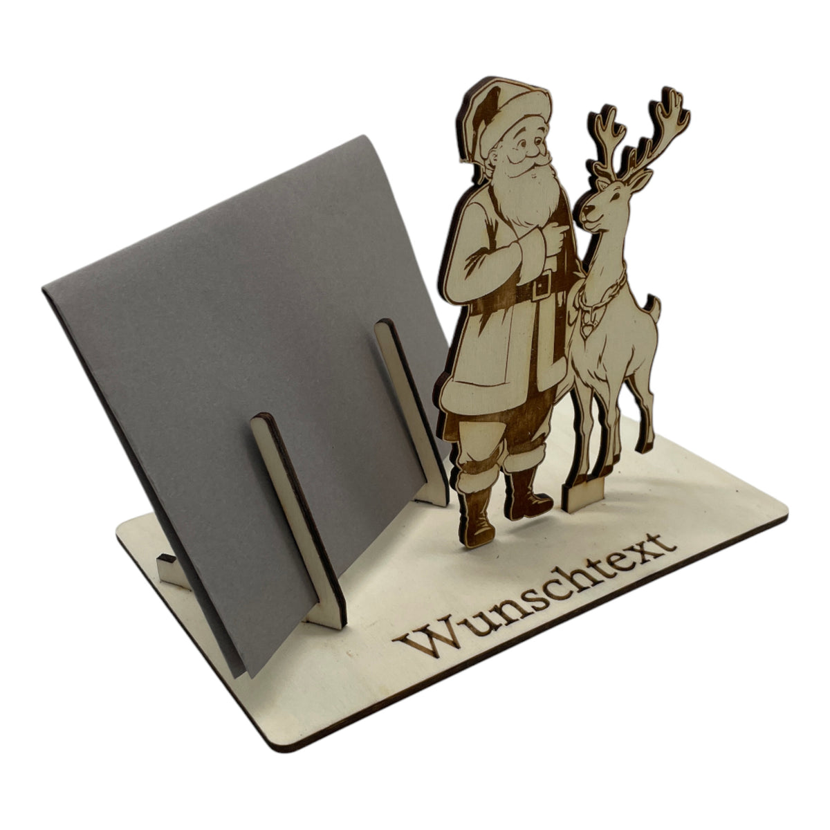 Gutscheinverpackung Weihnachten aus Holz mit Weihnachtsmann und Rentier und Wunschtext, Ansicht 5