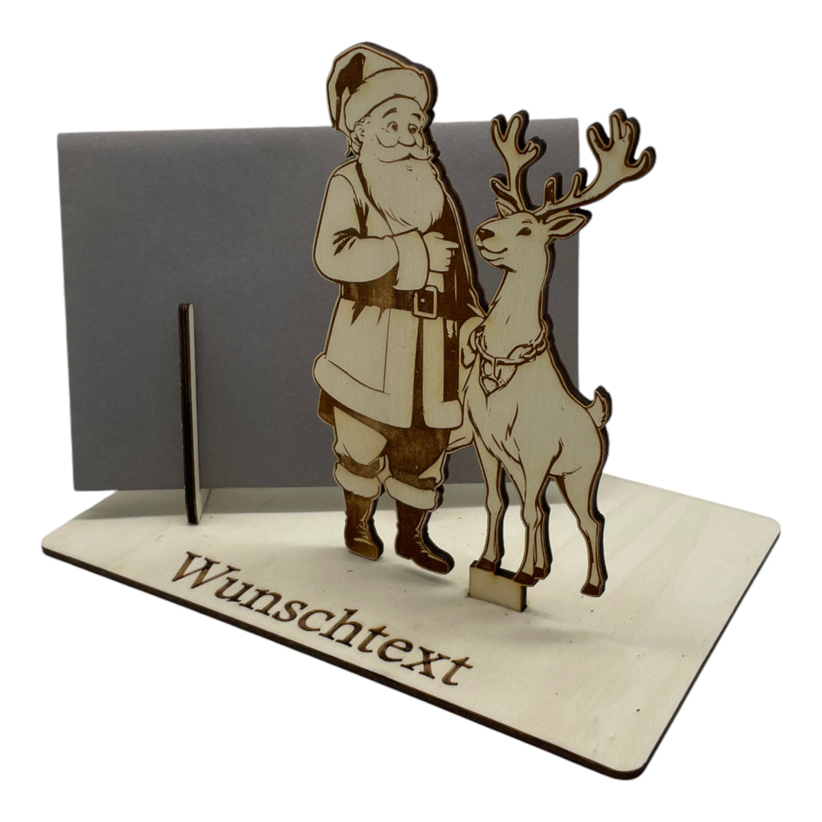 Gutscheinverpackung Weihnachten aus Holz mit Weihnachtsmann und Rentier und Wunschtext, Ansicht 6