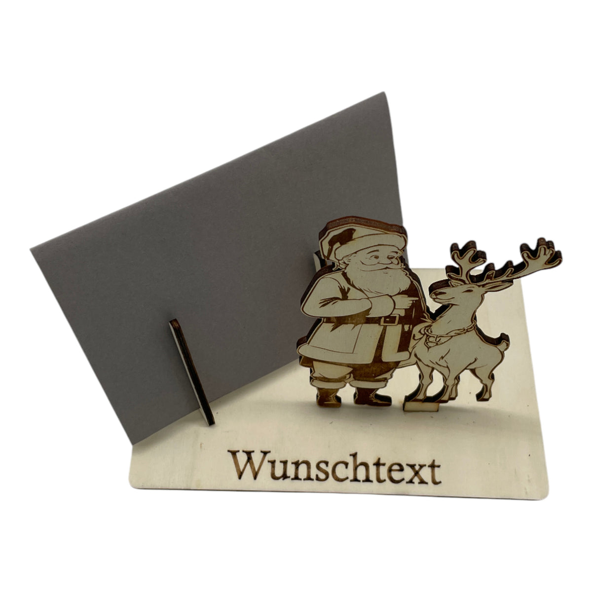 Gutscheinverpackung Weihnachten aus Holz mit Weihnachtsmann und Rentier und Wunschtext, Ansicht 7