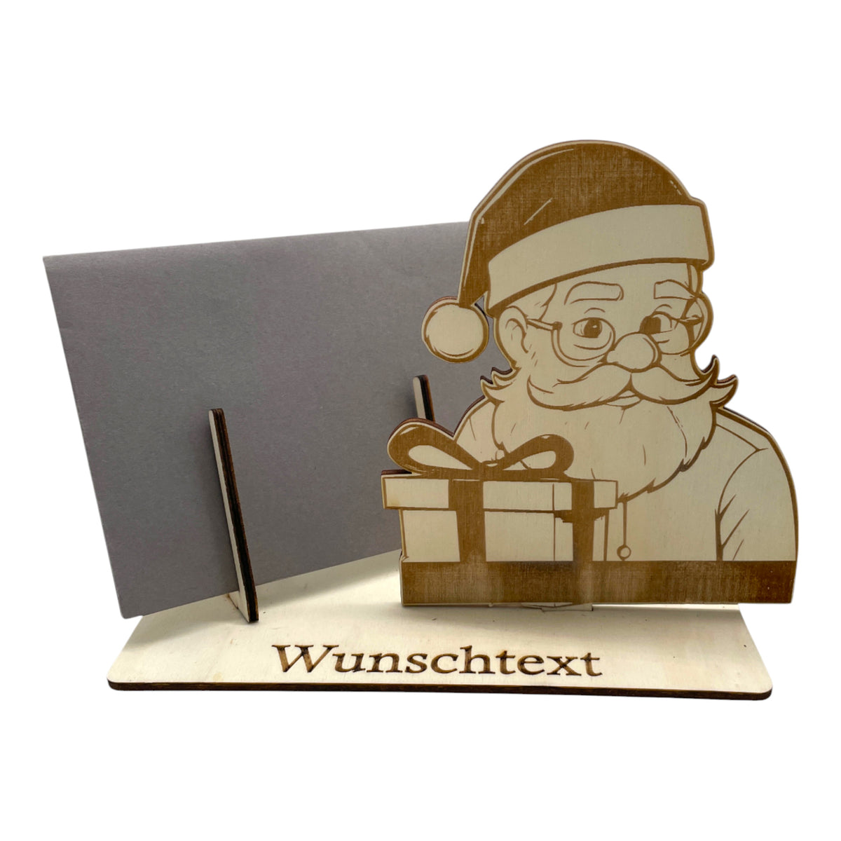 Gutscheinverpackung Weihnachten aus Holz mit Weihnachtsmann und Geschenkbox und Wunschtext, Ansicht 2