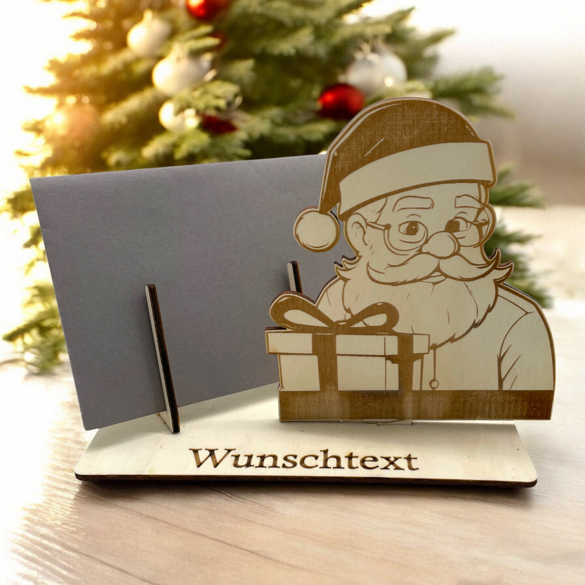 Gutscheinverpackung Weihnachten aus Holz mit Weihnachtsmann und Geschenkbox und Wunschtext